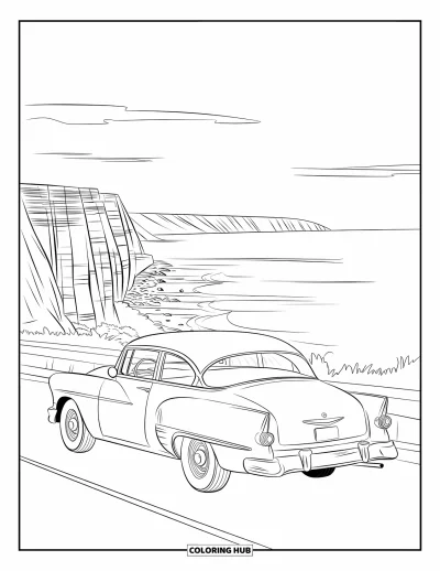 Coloriage de Californie pour enfants : Une voiture vintage garée surplombant des falaises et l'océan jusqu'à l'horizon