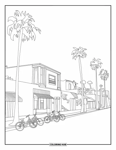 Coloriage de Californie pour enfants : Une rue de Los Angeles pastel avec des vélos de plage, des palmiers et des bâtiments accueillants