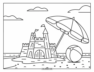 Coloriage de Californie pour enfants : Un château de sable posé à côté d'un parasol et d'un ballon sous un ciel ensoleillé