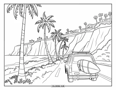 Coloriage de Californie pour enfants : Une route panoramique bordée de palmiers, de falaises et d'une voiture prête à surfer