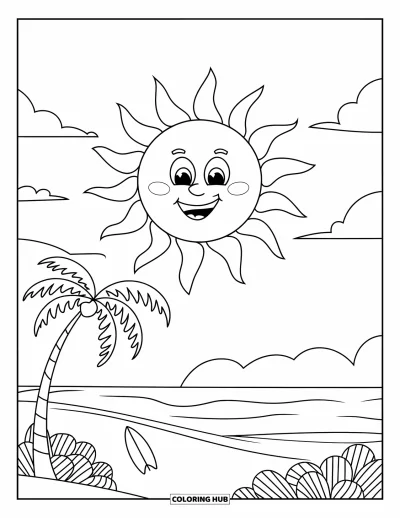 Coloriage de Californie pour enfants : Un soleil souriant qui brille au-dessus d'une plage avec un palmier et une planche de surf