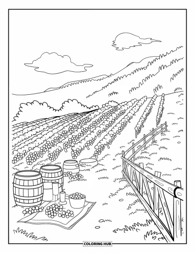 Coloriage de Californie pour enfants : Un vignoble ensoleillé avec des ceps, des tonneaux et une clôture en bois