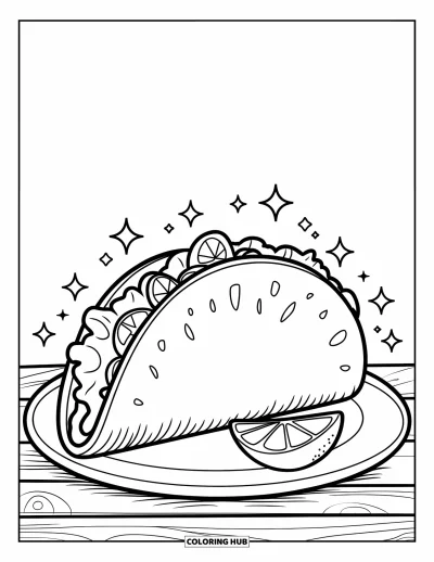 Coloriage de Californie pour enfants : Un taco garni de toppings posé dans une assiette avec un citron et des étoiles brillantes