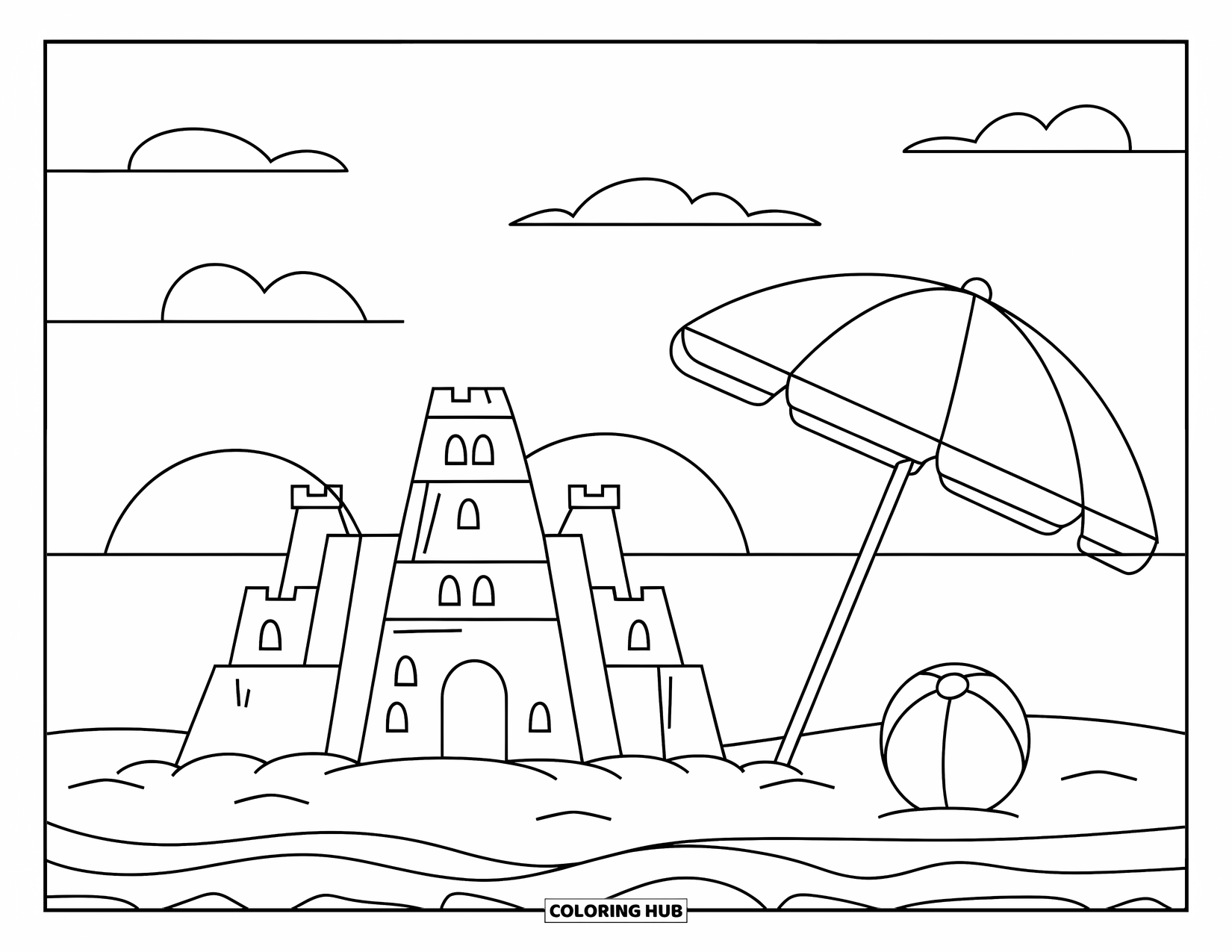 California Coloring Page for Kids: A tall sandcastle with a beach ball and umbrella under a sunny sky