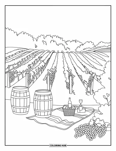 Coloriage de Californie pour enfants : Une scène de pique-nique dans un vignoble avec des rangées de raisin, des tonneaux et un coin détente