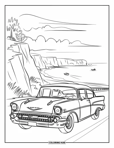 Coloriage de Californie pour enfants : Une voiture vintage longeant une route au bord des falaises avec les vagues de l'océan en contrebas