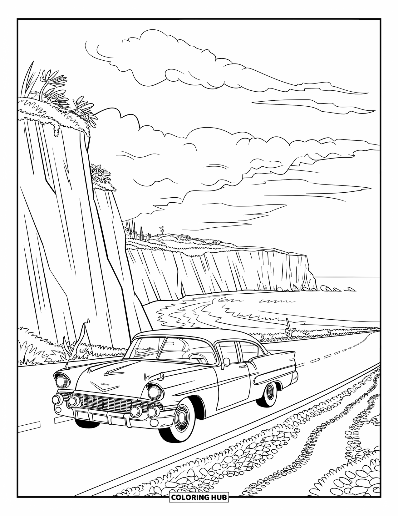 California Coloring Page for Kids: A winding coastal drive with a vintage car and crashing ocean waves
