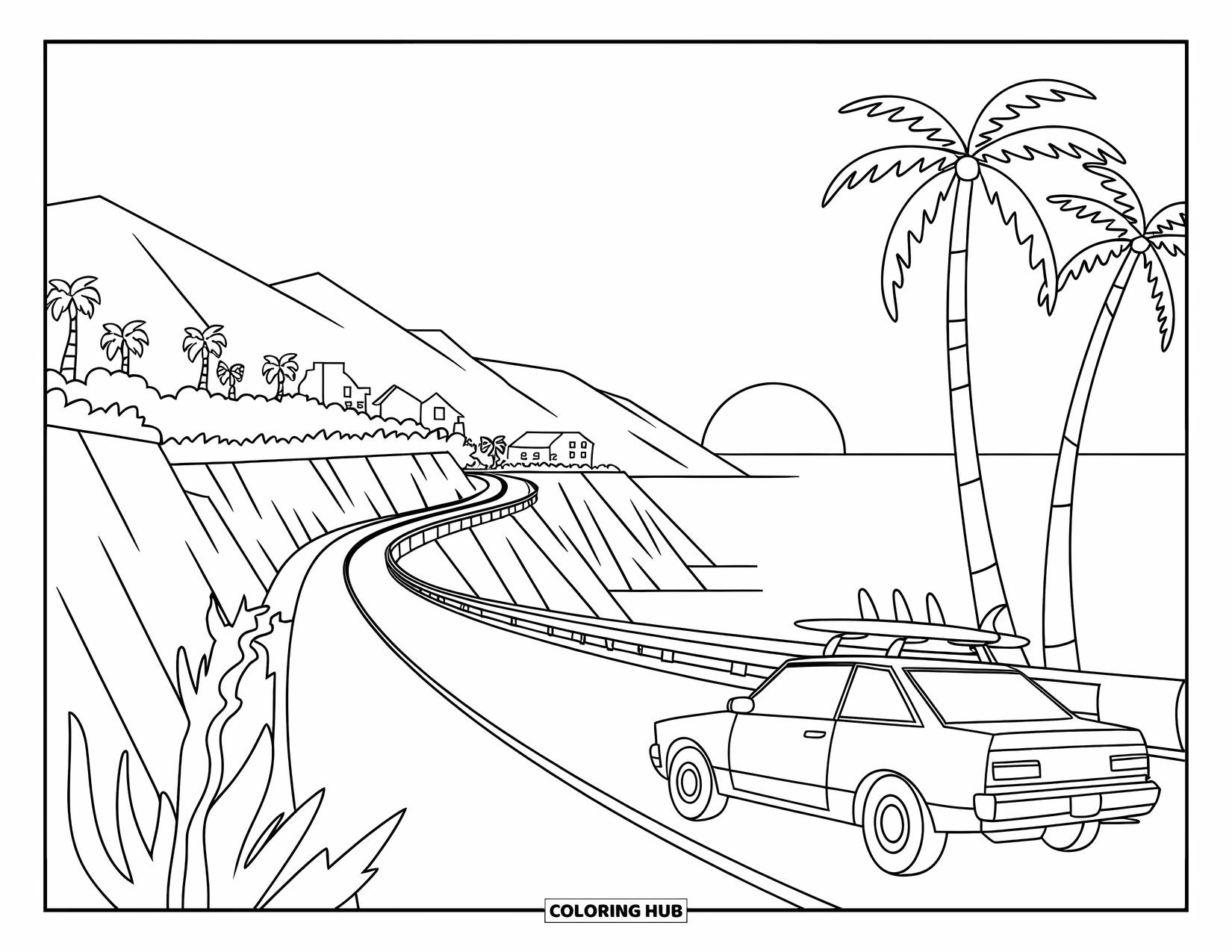 California Coloring Page for Kids: A winding coastal drive with cliffs, palm trees, and a surfboard car under the sunset