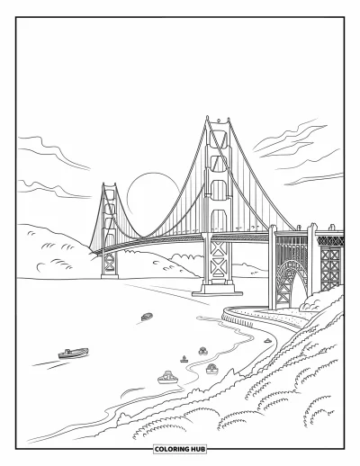 Coloriage de Californie pour enfants : Le Golden Gate Bridge et de petits bateaux sur une baie paisible au coucher du soleil