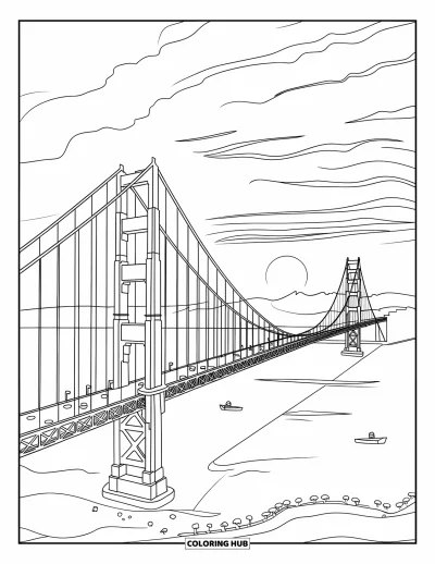 Coloriage de Californie pour enfants : Le Golden Gate Bridge qui s'étend au-dessus d'une baie paisible remplie de petits bateaux