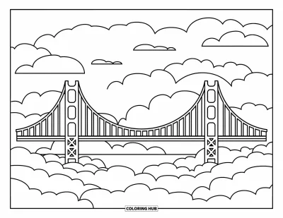 Coloriage de Californie pour enfants : Le Golden Gate Bridge avec de grands nuages et un dessin joyeux et ludique