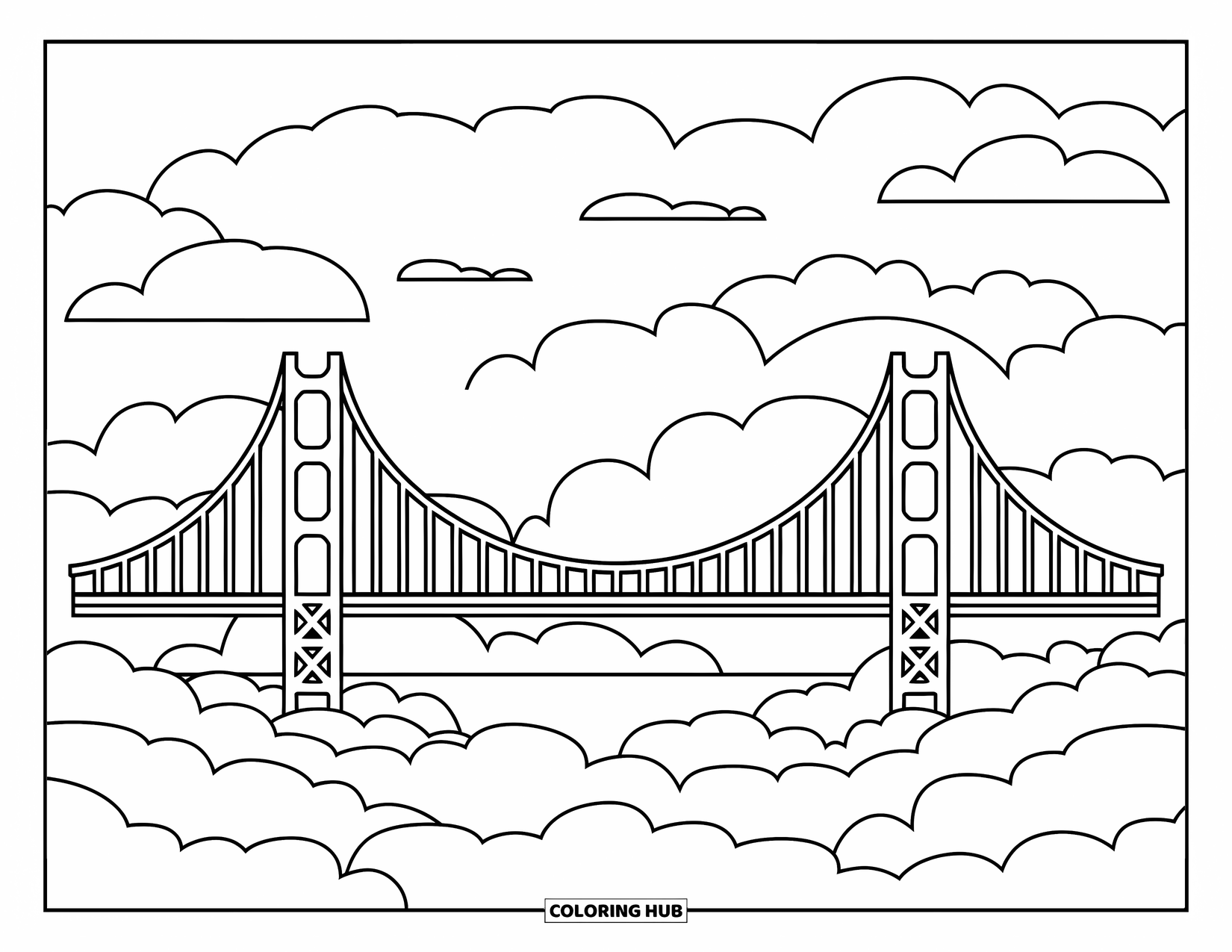 California Coloring Page for Kids: Golden Gate Bridge with big clouds and a cheerful, playful design