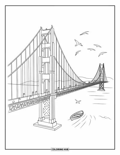 Coloriage de Californie pour enfants : Le Golden Gate Bridge avec des oiseaux qui volent au-dessus et un petit bateau en dessous