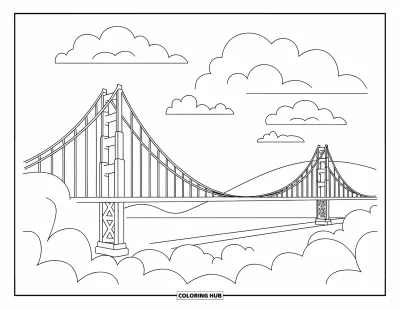 Coloriage de Californie pour enfants : Le Golden Gate Bridge avec des contours prononcés, des nuages duveteux et de grands aplats simples