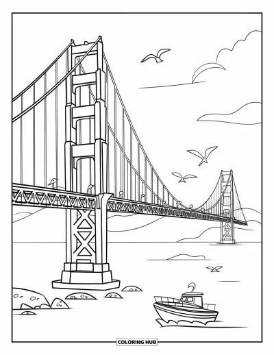 Coloriage de Californie pour enfants : Le Golden Gate Bridge avec des nuages, des oiseaux et des rochers près d'un bateau en dessous