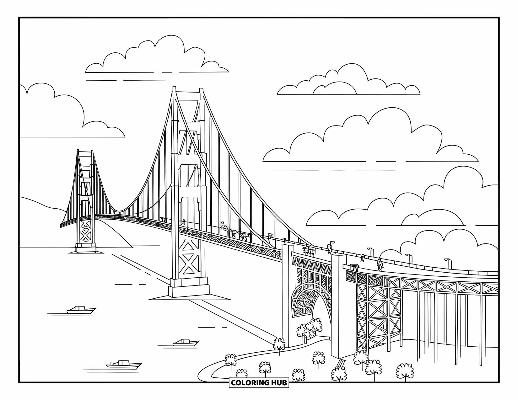 California Coloring Page for Kids: Golden Gate Bridge with fluffy clouds, a few boats, and nearby trees