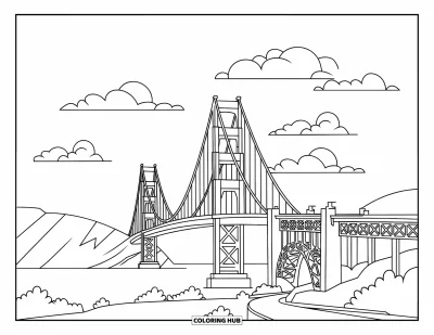 Coloriage de Californie pour enfants : Le Golden Gate Bridge avec des nuages duveteux, des arbres et une route à proximité
