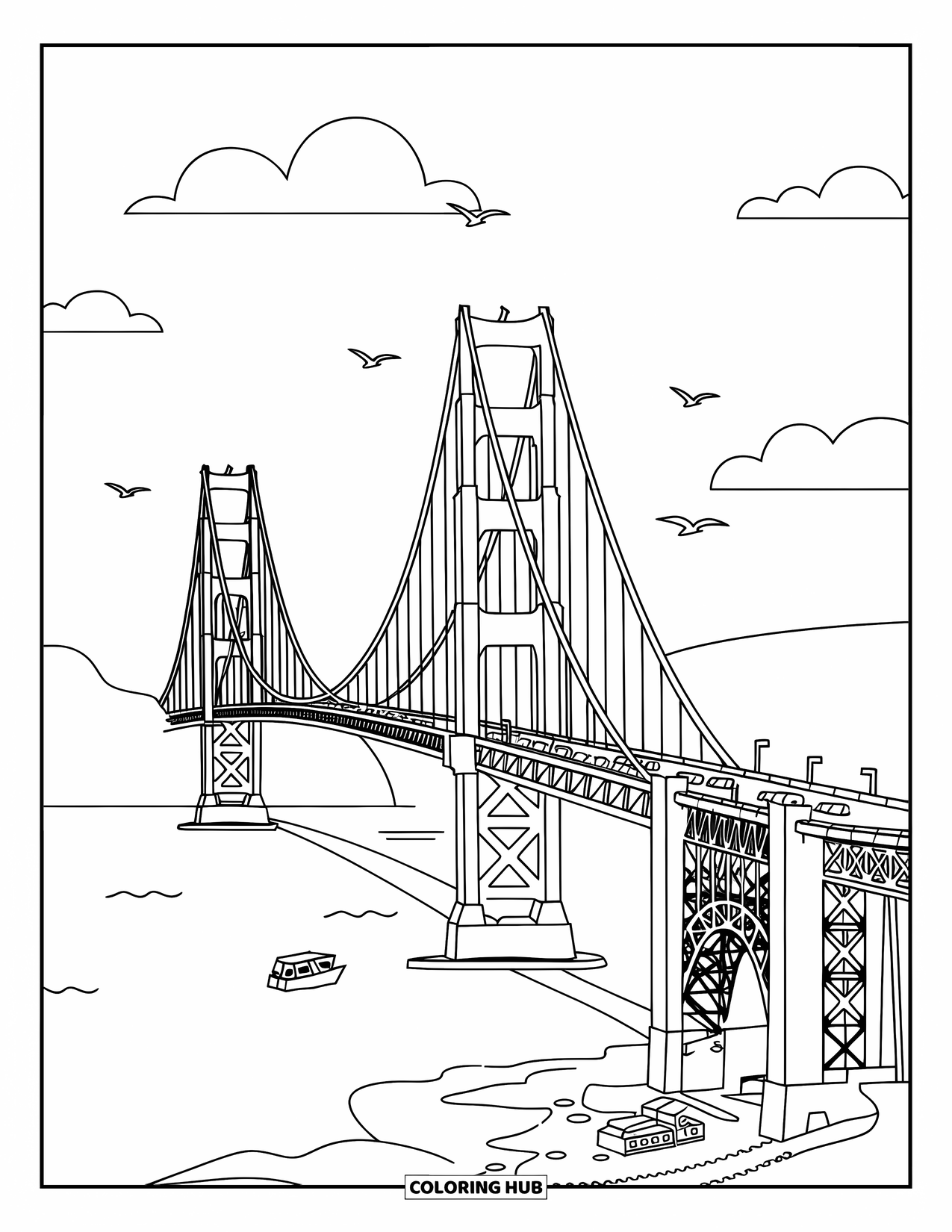 California Coloring Page for Kids: Golden Gate Bridge with passing cars, birds, and a boat on calm waters