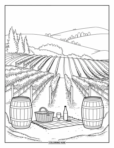 Coloriage de Californie pour enfants : Des grappes de raisin et des tonneaux longent un vignoble avec un panier de pique-nique et des collines ondulantes
