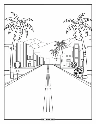 Coloriage de Californie pour enfants : Une rue d'Hollywood avec des bobines de film, des palmiers et des montagnes au loin