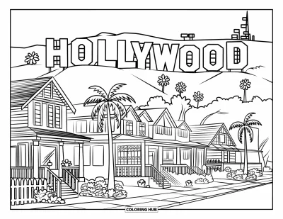 Coloriage de Californie pour enfants : Des palmiers et des vérandas longent un quartier ensoleillé sous l'enseigne Hollywood