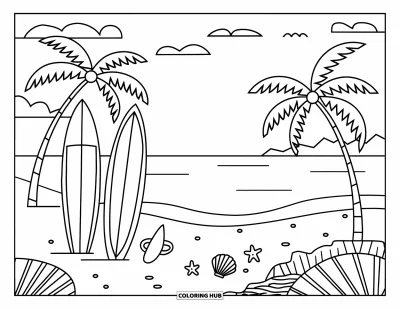 Coloriage de Californie pour enfants : Des planches de surf et des coquillages reposent sur une plage de sable avec des palmiers qui se balancent