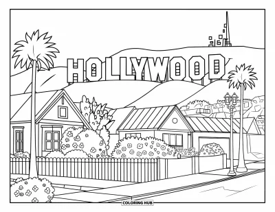 Coloriage de Californie pour enfants : L'enseigne Hollywood se dresse derrière un quartier chaleureux avec des palmiers et des fleurs