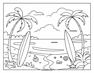 Coloriage de Californie pour enfants : Deux planches de surf, des coquillages et des palmiers sur un chemin de plage ensoleillé