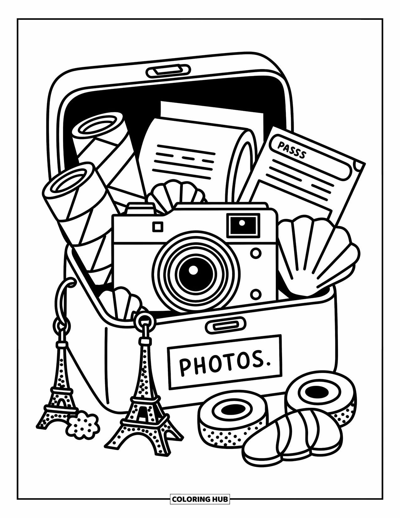 Camera Coloring Page for Adults: A box filled with memories includes a camera, keychains, and a tiny ìPhotosî envelope