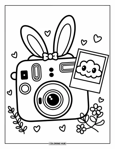 Coloriage d'appareil photo pour adultes : Un appareil à oreilles de lapin imprime une photo joyeuse avec des nuages, des cœurs et des fleurs