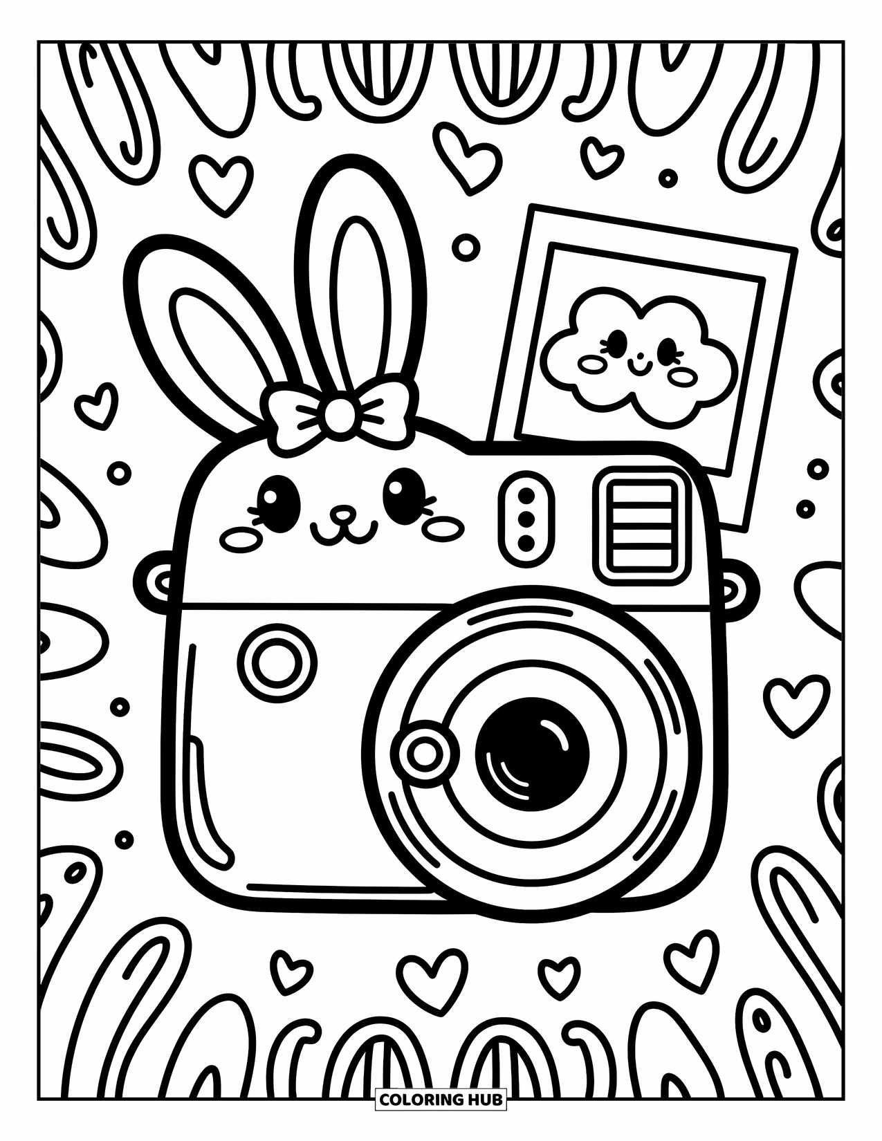 Camera Coloring Page for Adults: A bunny-eared instant camera prints a photo of a smiling cloud