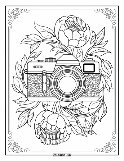Coloriage d'appareil photo pour adultes : L'objectif d'un appareil photo est cerclé d'élégantes pivoines et de lianes sinueuses