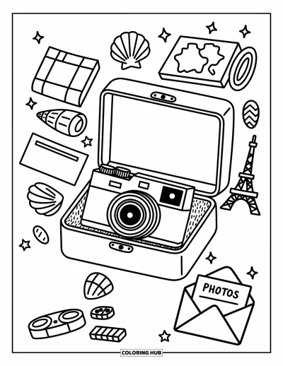 Coloriage d'appareil photo pour adultes : Un appareil photo repose dans une boîte à souvenirs remplie de cartes, de bibelots et de souvenirs de voyage