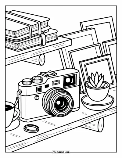 Coloriage d'appareil photo pour adultes : Un appareil photo est posé sur une étagère avec du thé, des carnets et des polaroids encadrés