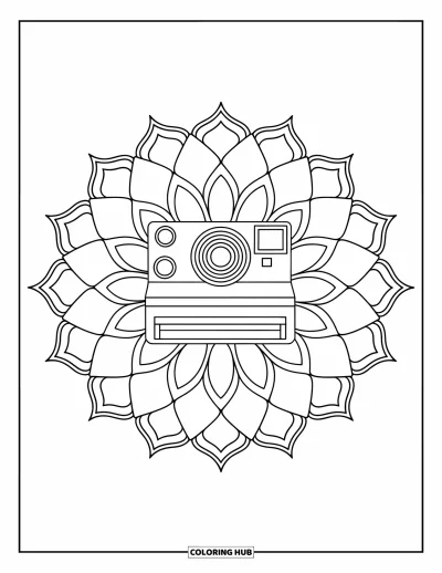 Coloriage d'appareil photo pour adultes : Un appareil photo repose au sein d'un mandala de lotus en pleine floraison