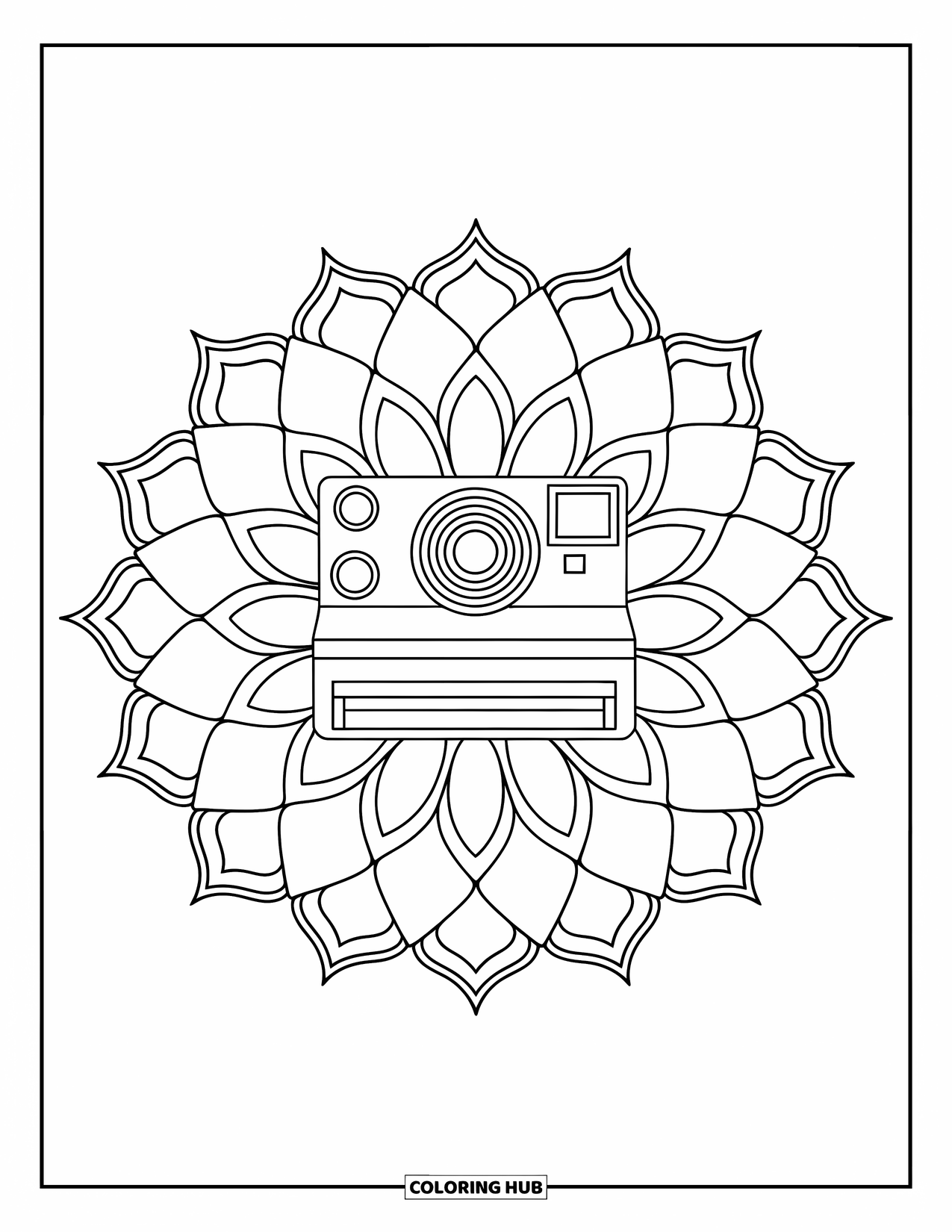 Camera Coloring Page for Adults: A camera rests within a blooming lotus mandala design