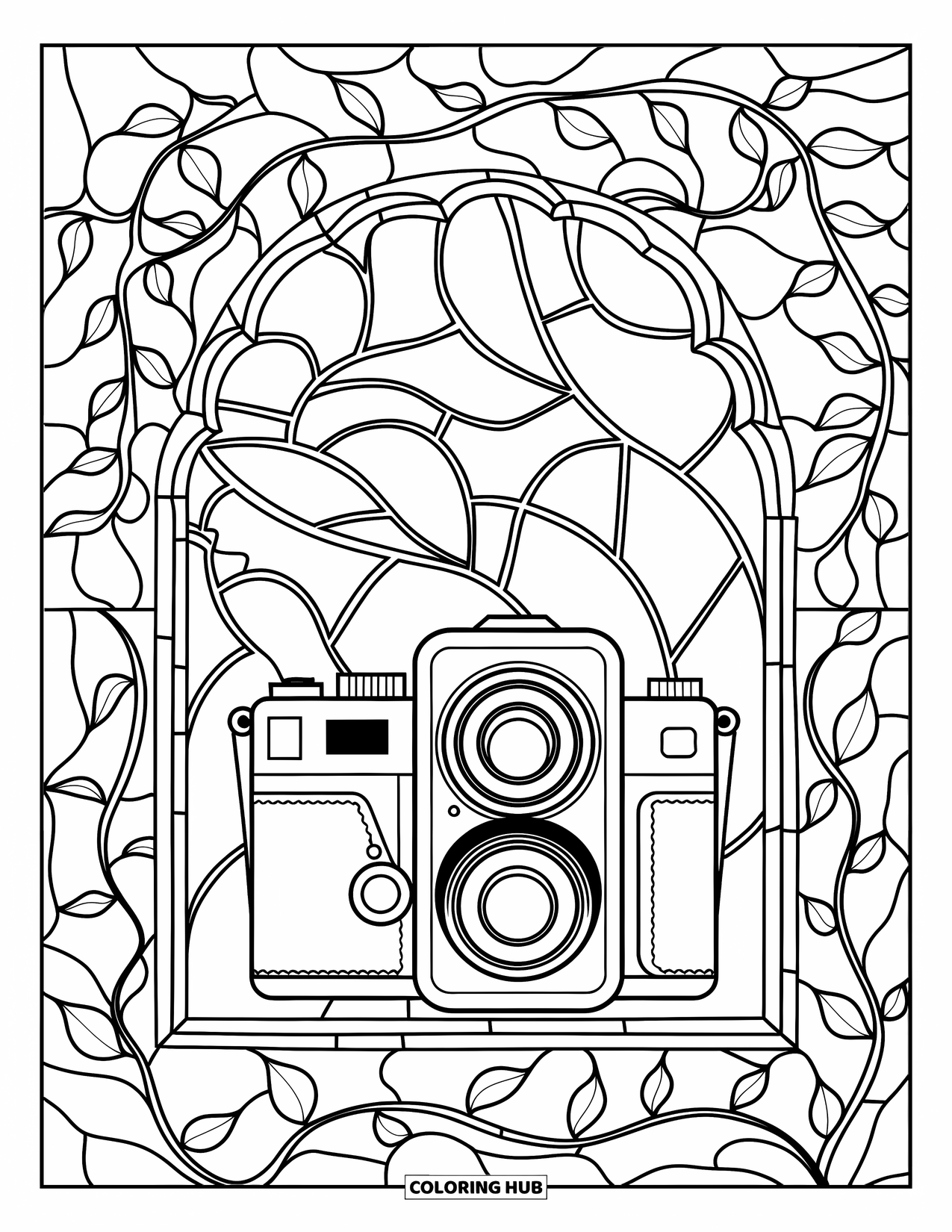 Camera Coloring Page for Adults: A camera sits within a window of swirling stained glass and leafy patterns