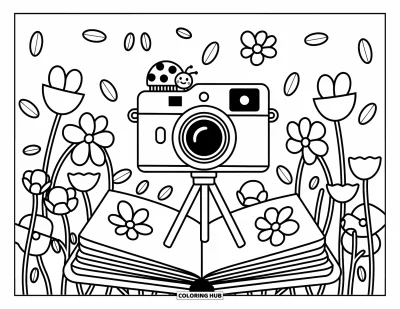 Coloriage d'appareil photo pour adultes : Un appareil photo avec un bouchon d'objectif coccinelle est posé dans des fleurs sauvages à côté d'un carnet fleuri