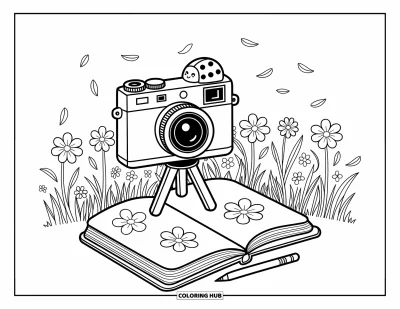 Coloriage d'appareil photo pour adultes : Un appareil photo repose dans un champ de fleurs sauvages avec des pétales qui flottent et un carnet de croquis