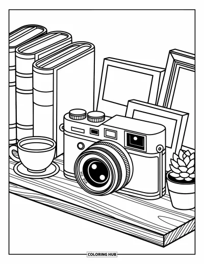 Coloriage d'appareil photo pour adultes : Une étagère accueillante porte un appareil photo, des polaroids, un thé chaud et des carnets empilés