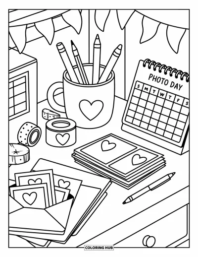 Coloriage d'appareil photo pour adultes : Un bureau rempli de jolis articles de papeterie, de washi tape et d'un calendrier « Photo Day »