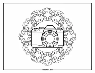 Coloriage d'appareil photo pour adultes : Un reflex numérique sur trépied repose à l'intérieur d'un mandala de marguerites et de tournesols