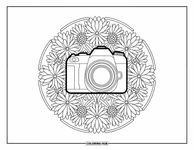 Coloriage d'appareil photo pour adultes : Un reflex numérique est placé au centre d'un mandala de tournesols et de marguerites