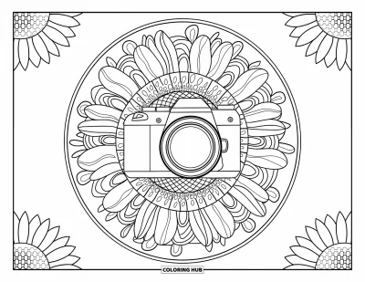Coloriage d'appareil photo pour adultes : Un mandala floral avec des tournesols et des marguerites encadre un reflex numérique