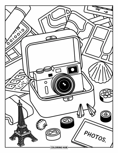 Coloriage d'appareil photo pour adultes : Une boîte à souvenirs contient un appareil photo, des cartes, des porte-clés et une enveloppe « Photos »
