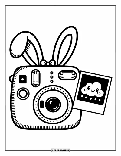 Coloriage d'appareil photo pour adultes : La photo d'un nuage souriant sort d'un appareil photo orné d'oreilles de lapin