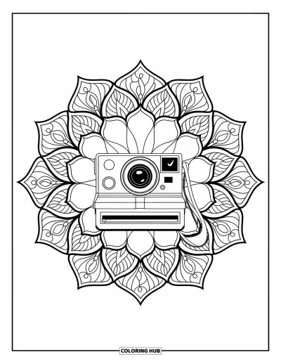 Coloriage d'appareil photo pour adultes : Un appareil instantané est entouré de pétales de lotus tourbillonnants et de motifs floraux