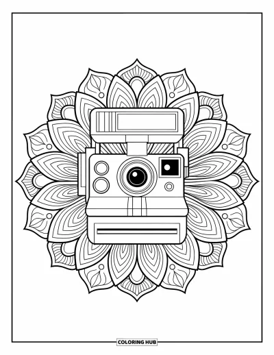 Coloriage d'appareil photo pour adultes : Un appareil instantané repose au cœur de délicats pétales de lotus dans un mandala