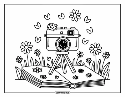 Coloriage d'appareil photo pour adultes : Un charmant appareil sur trépied est entouré de fleurs, de pétales et d'un carnet de croquis