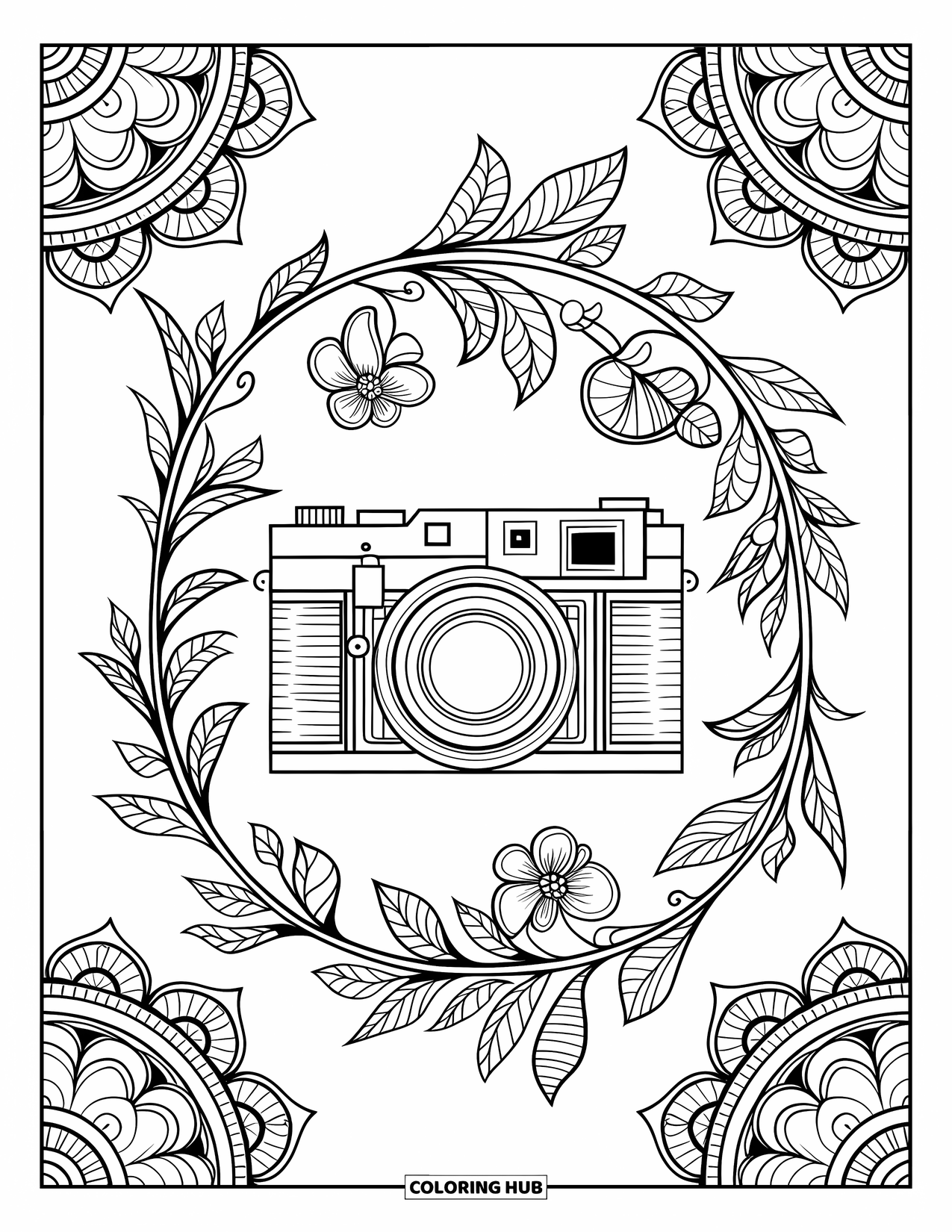 Camera Coloring Page for Adults: A swirling mandala of flowers and vines surrounds a classic camera